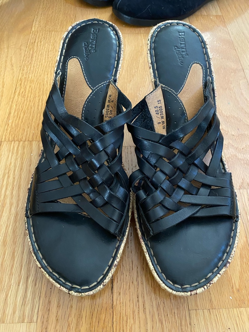 Born Black Woven Leather Slide Wedge Mules